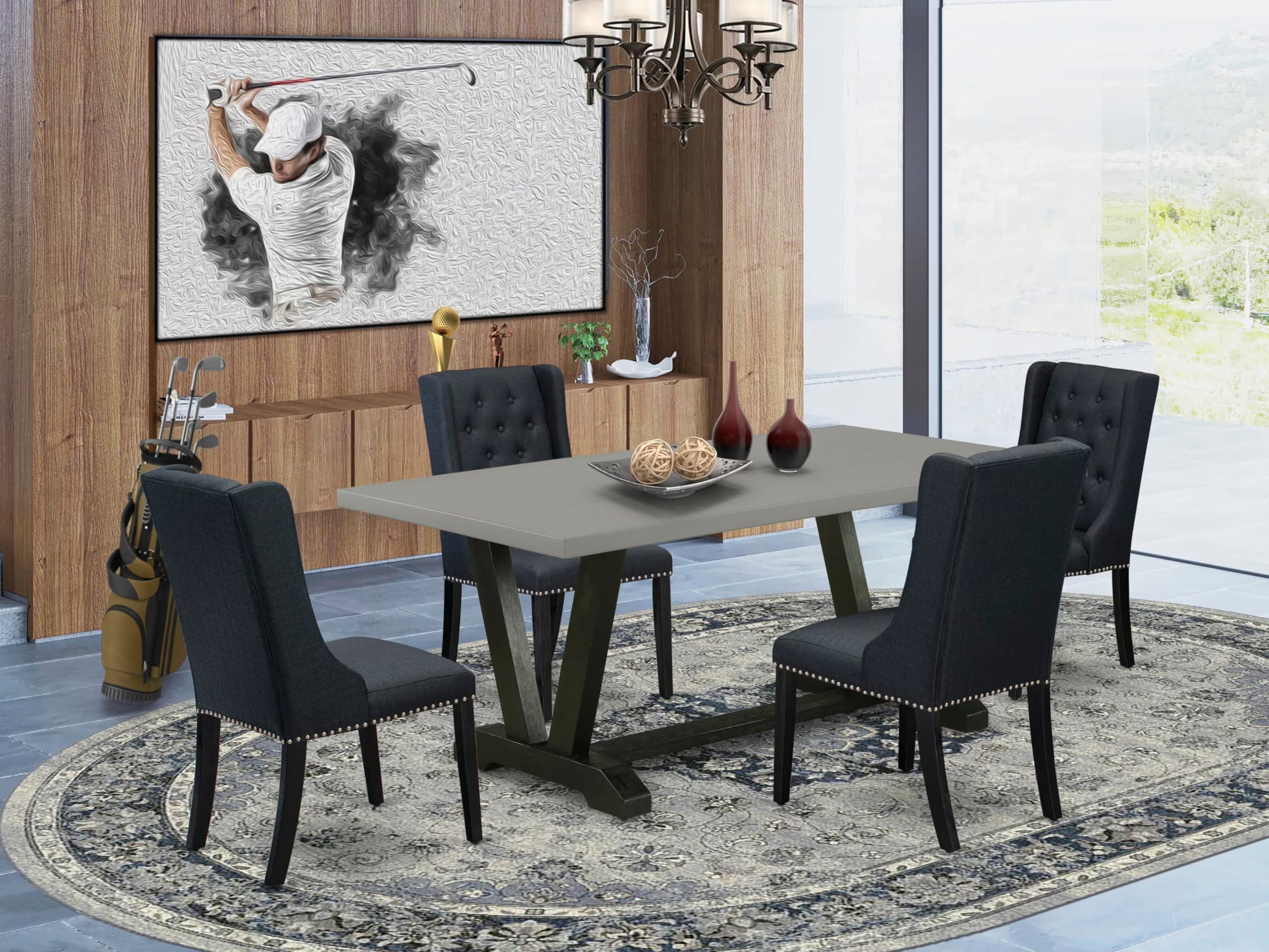 East West Furniture V697FO624-5 5 Piece Kitchen Table Set for 4 Includes a Rectangle Dining Room Table with V-Legs and 4 Black Linen Fabric Parson Dining Chairs, 40x72 Inch, Multi-Color